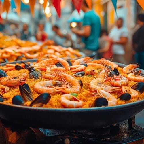 Paella cooking in a large pans outside.