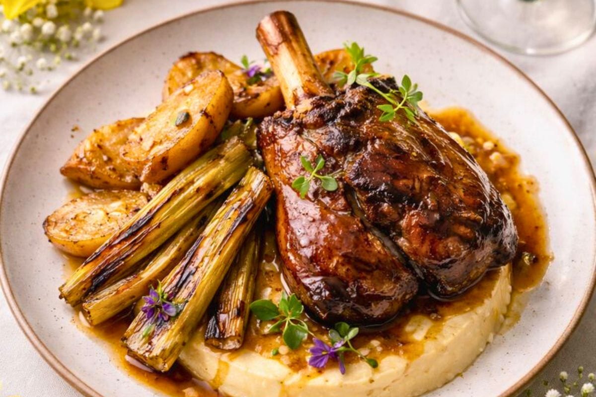 Braised goat shank on polenta with roasted vegetables.